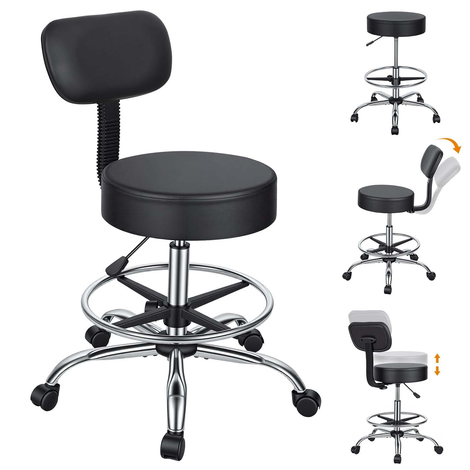 Guitar Stool with Backrest, Foldable Musician Chair with Integrated Footrest&amp;Guitar Hook, Heavy-Duty Steel Frame, Padded Leather Seat for Home/Studio/Gigs (Black-e)