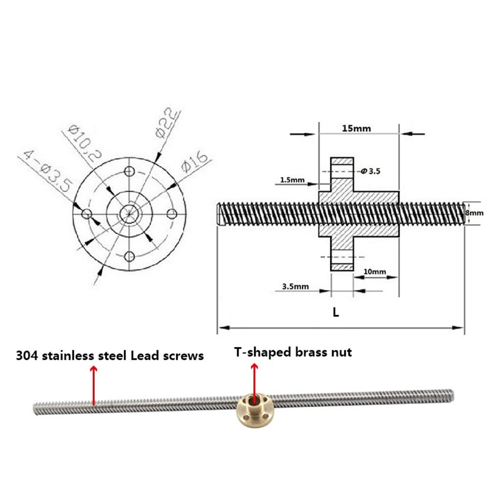 Metal Ball Screw nut Lead-8mm 304 Stainless Steel Trapezoidal Rod T8 Lead Screw with Brass Nut for 3D Printer Linear Guides Stepper Motor(200mm)