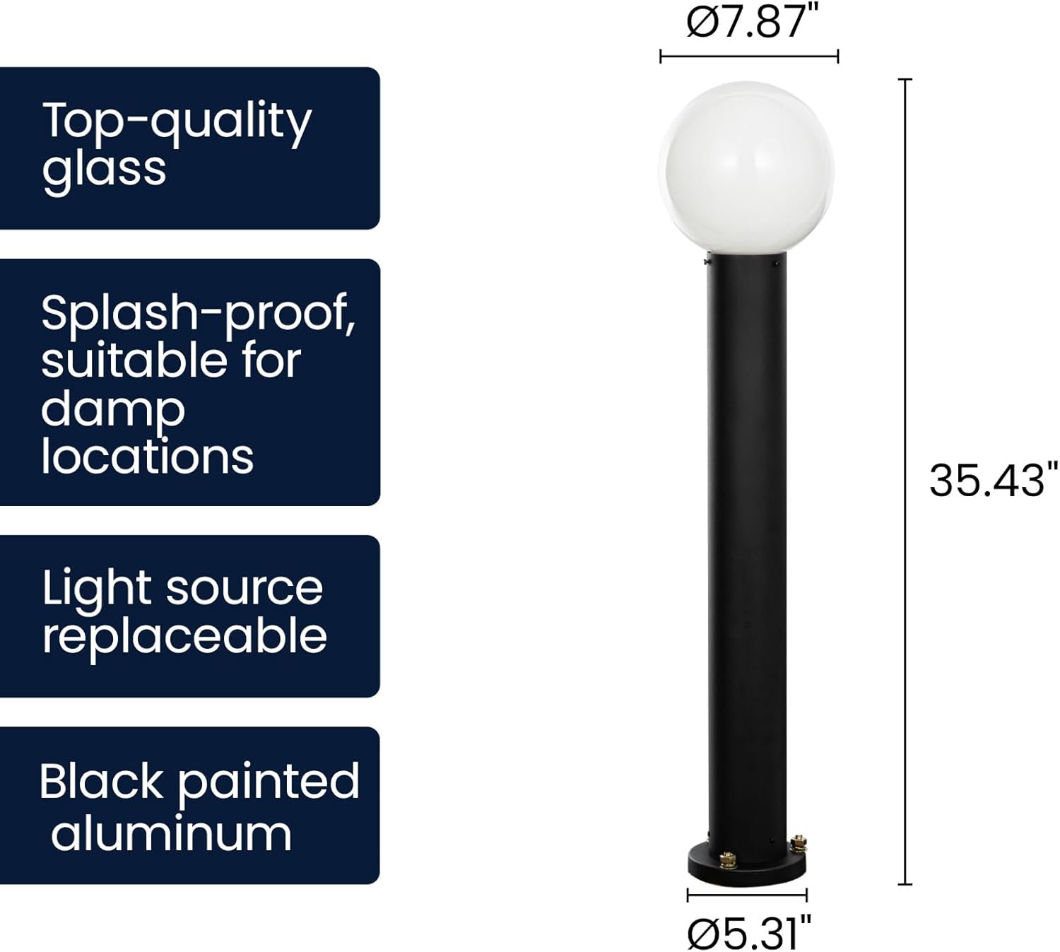 35.5" Outdoor Post Light, Modern Outside Bollard Light with Opal Glass Globe, Black Aluminum Pathway Lamp Post Light for Walkway Driveway Patio Garden, Hardwired, E26 Bulb Not Included