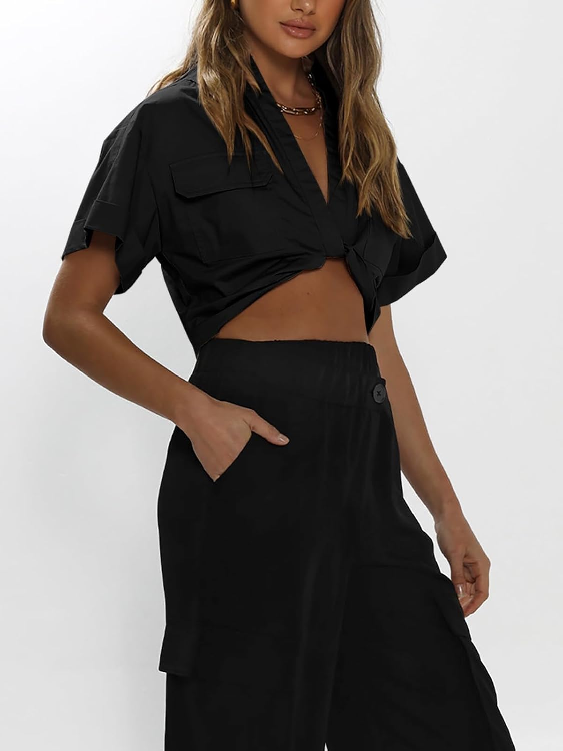 Imily Bela Womens Cropped Shirts Summer V Neck Twist Front Tops Blouses with Pockets - Image 3