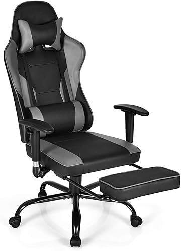 GYMAX Silla para videojuegos, silla de juegos de computadora de respaldo alto con reposabrazos ajustables y soporte lumbar de masaje, silla de