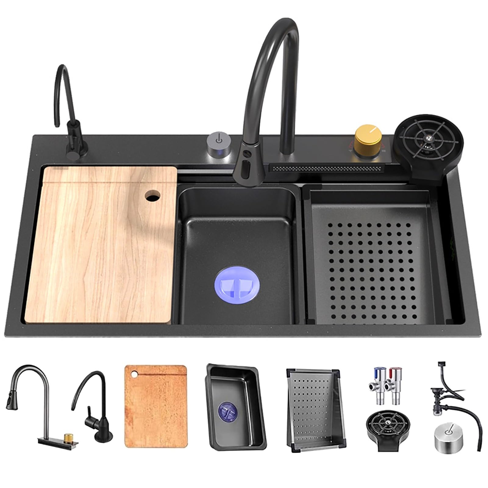 Évier de cuisine cascade noir en acier inoxydable 68x45 cm pour poste de travail moderne