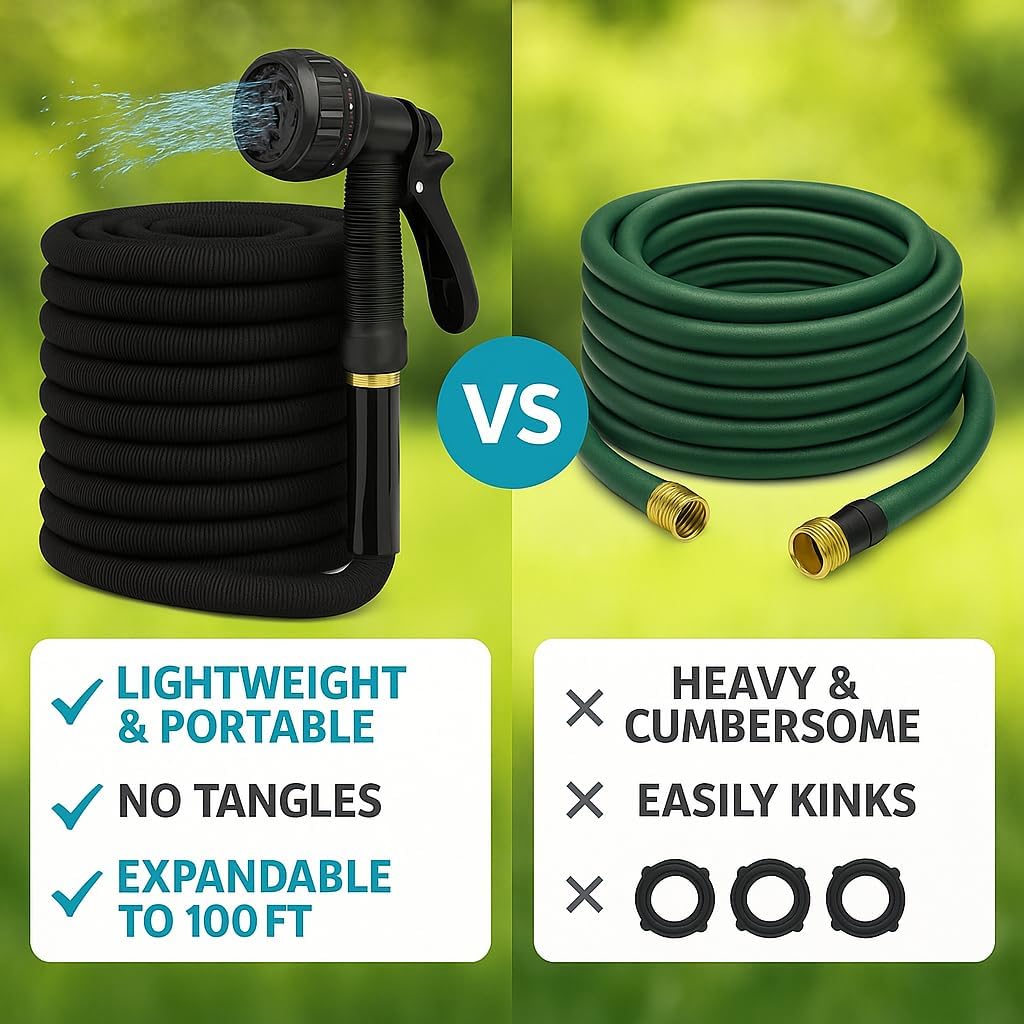 100FT Garden Hose with 8 Spray Nozzle – Lightweight, Kink-Free, Leakproof Flexible Water Hose for Yard, Lawn & Car Wash