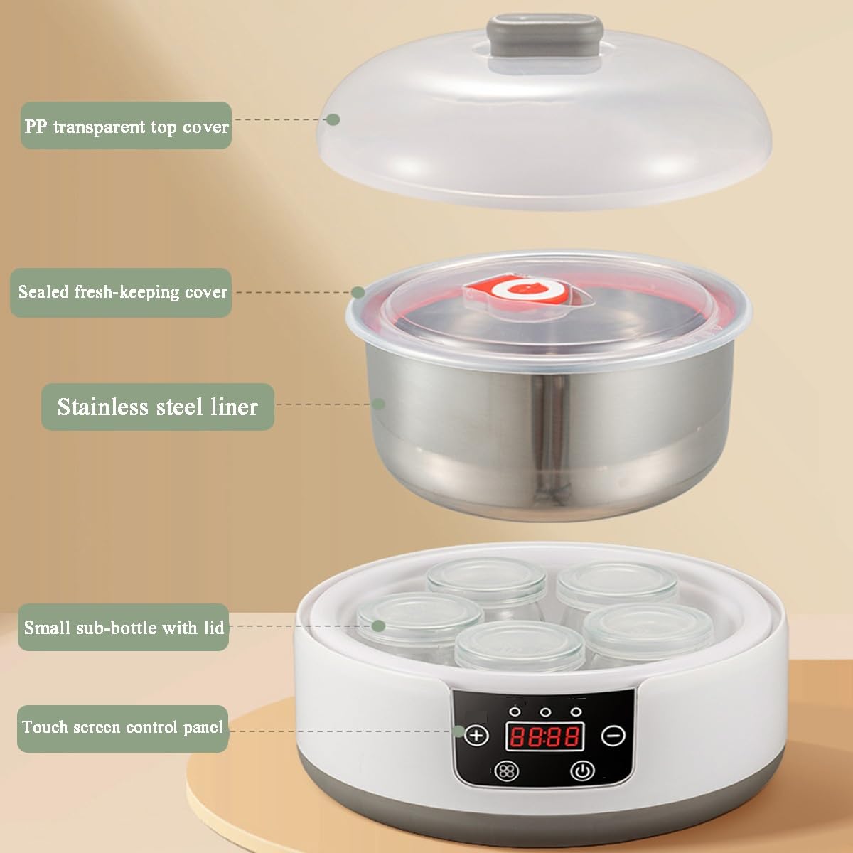 Yogurtera Automática a Temperatura Constante, Yogurtera con Control de Temperatura y Tiempo Ajustable, Yogurtera Automática Digital con 8 Tarros de Vidrio