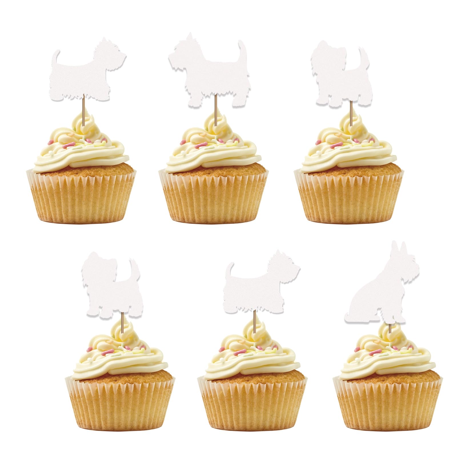 Set of 24 West Highland White Terrier Cupcake Toppers, Dog Birthday Cupcake Toppers, White Glitter Pet Puppy Cupcake Picks for Kids, Let's Pawty Dog Party Supplies