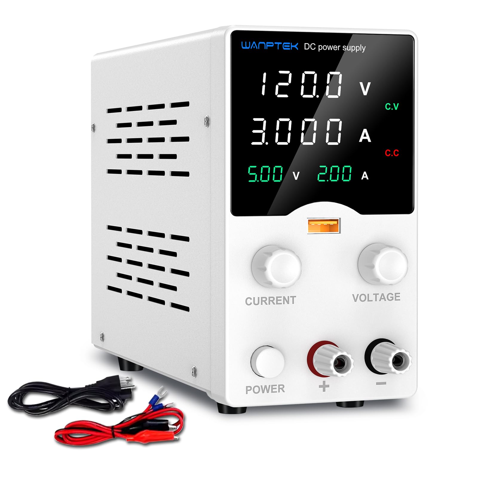 Alimentatore da Banco 120V 30A, Alimentatore da Laboratorio con Display LED a 4 Cifre, Alimentatore Regolabile con Manopola Encoder/Ricarica Rapida USB