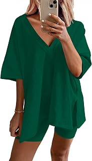 Womens Pajamas 2 Piece Lounge Sets Oversized V Neck T-Shirts Tops Biker Shorts Set Workout Reversible Tracksuit S-XXL