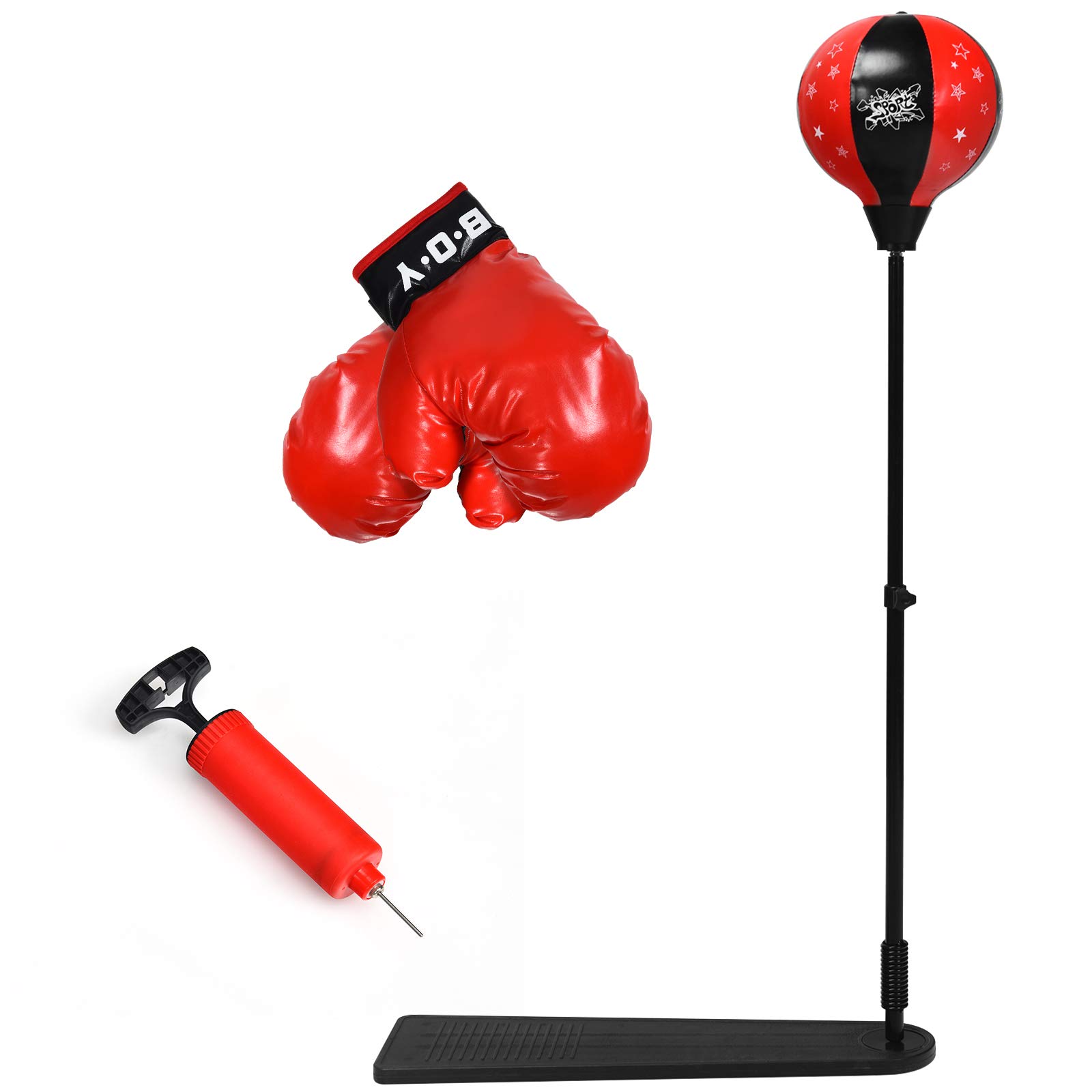 GOPLUS Juego de saco de boxeo con guantes de boxeo y bomba de mano, pelota de boxeo con soporte estable y pedal antideslizante, altura regulable de 85 a 130 cm, para niños y jóvenes a partir de 8 años