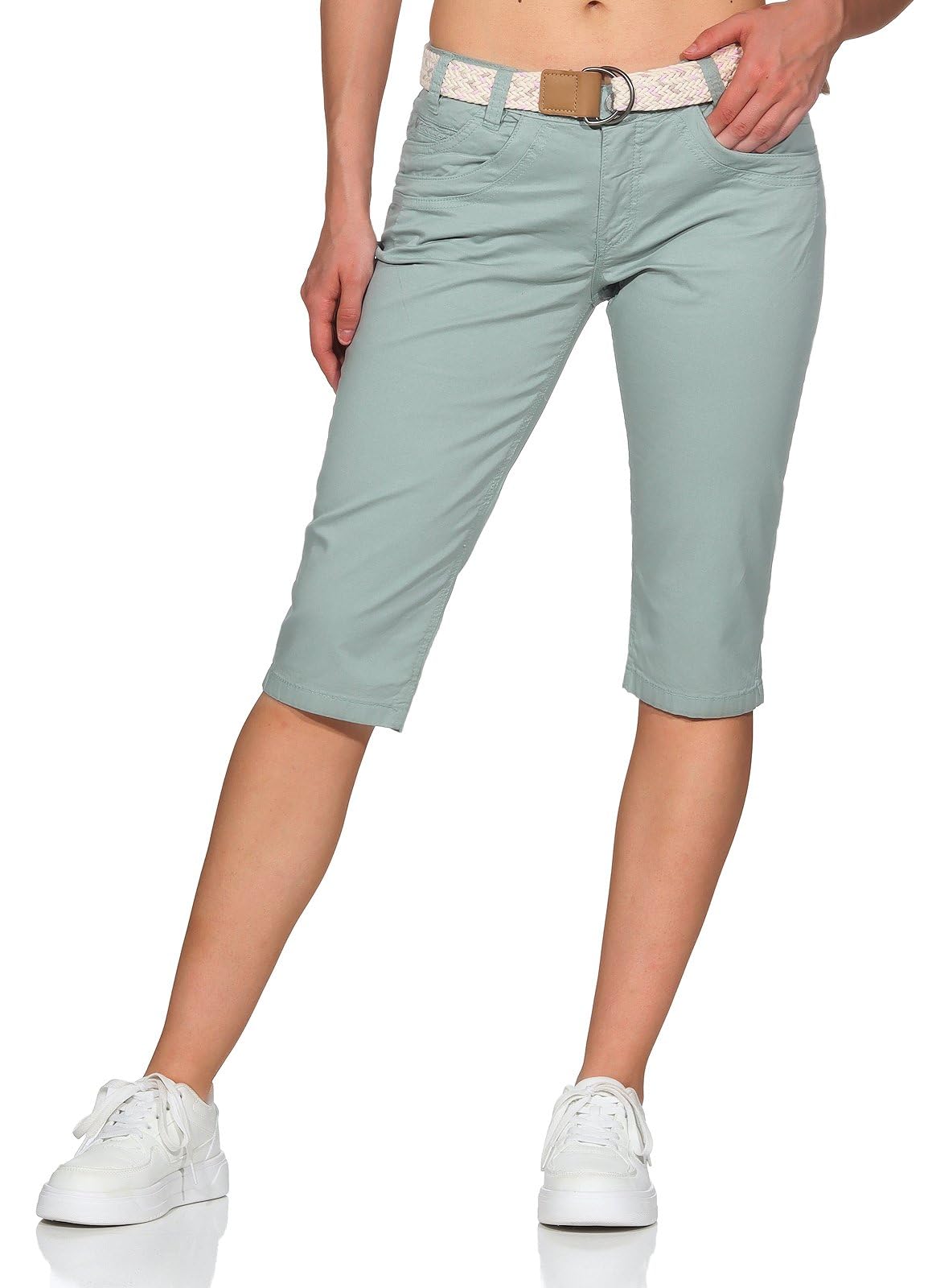 Sublevel Damen Capri Shorts Knielang 3/4-lange Chinohose Sommerhose mit Gürtel ASNora