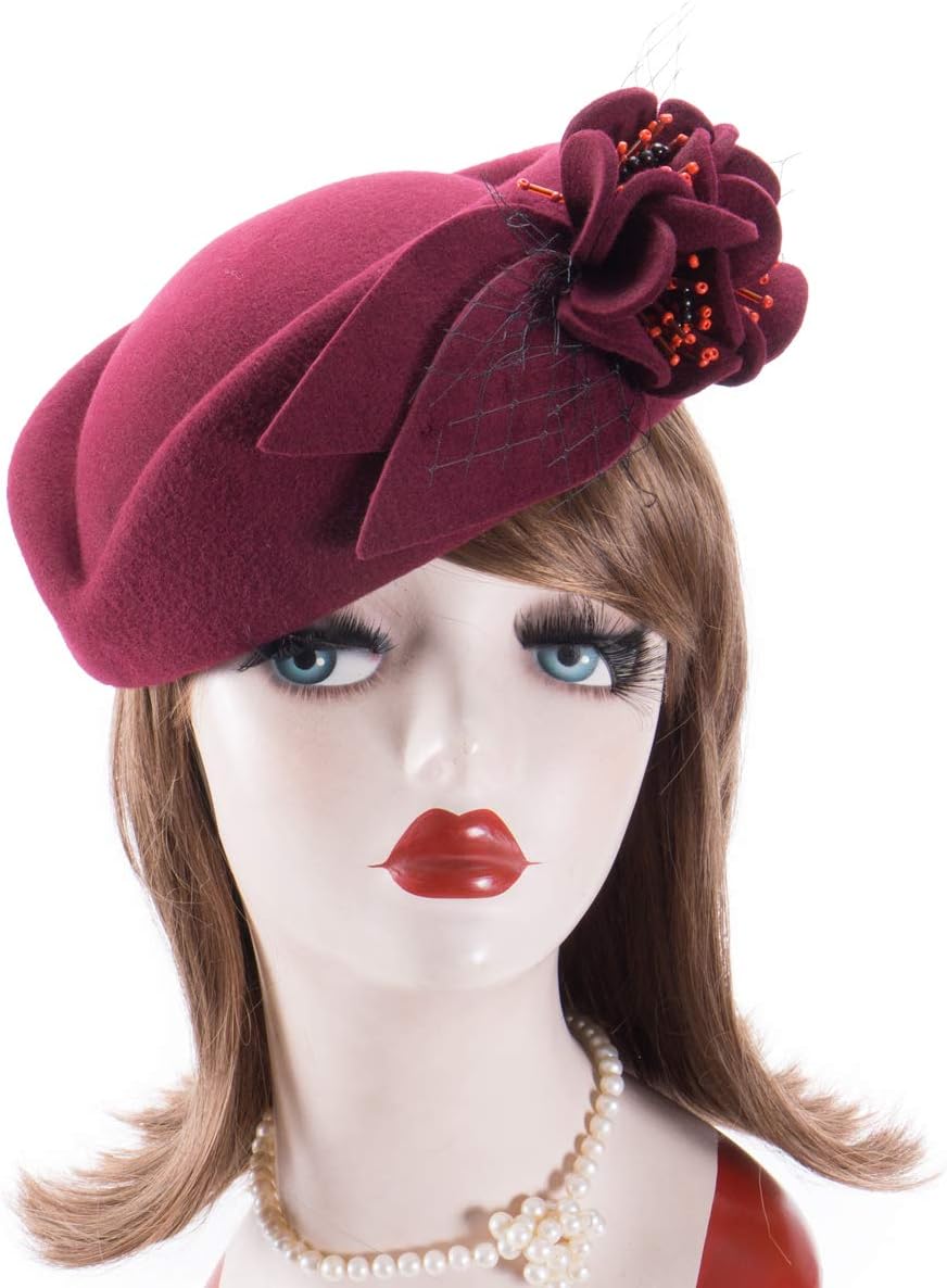 Lawliet Wine Red Women Fascinator Pillbox Felt Wool Hat Formal Dress Flower Veil A131