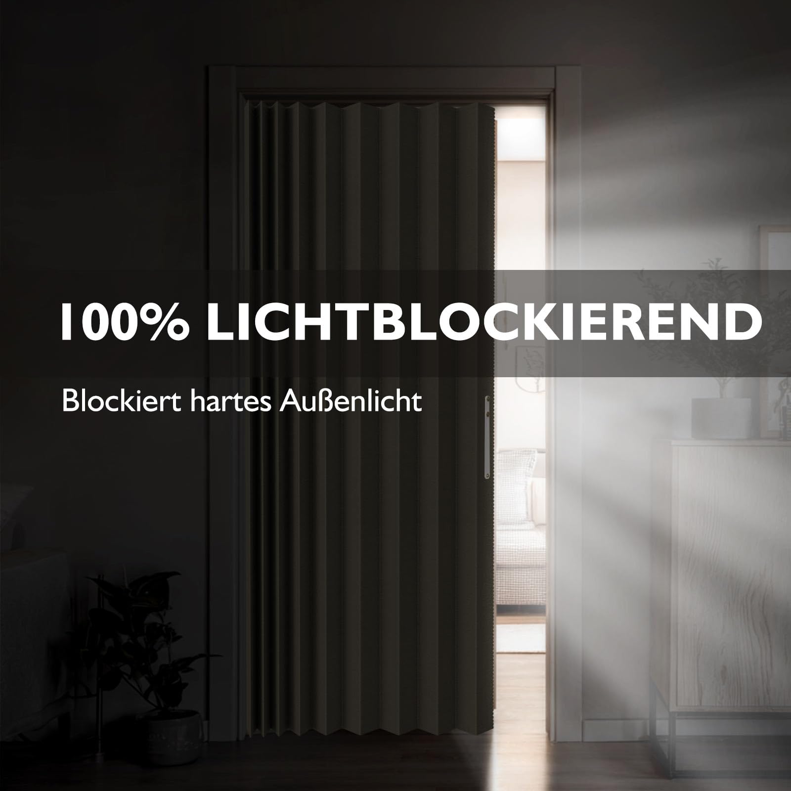 Jilron 100% cortina opaca para puerta – Estilo acordeón plegable con cierre magnético, montaje adhesivo sin necesidad de taladrar, incluye barra adhesiva, oscurecimiento y protección contra el viento