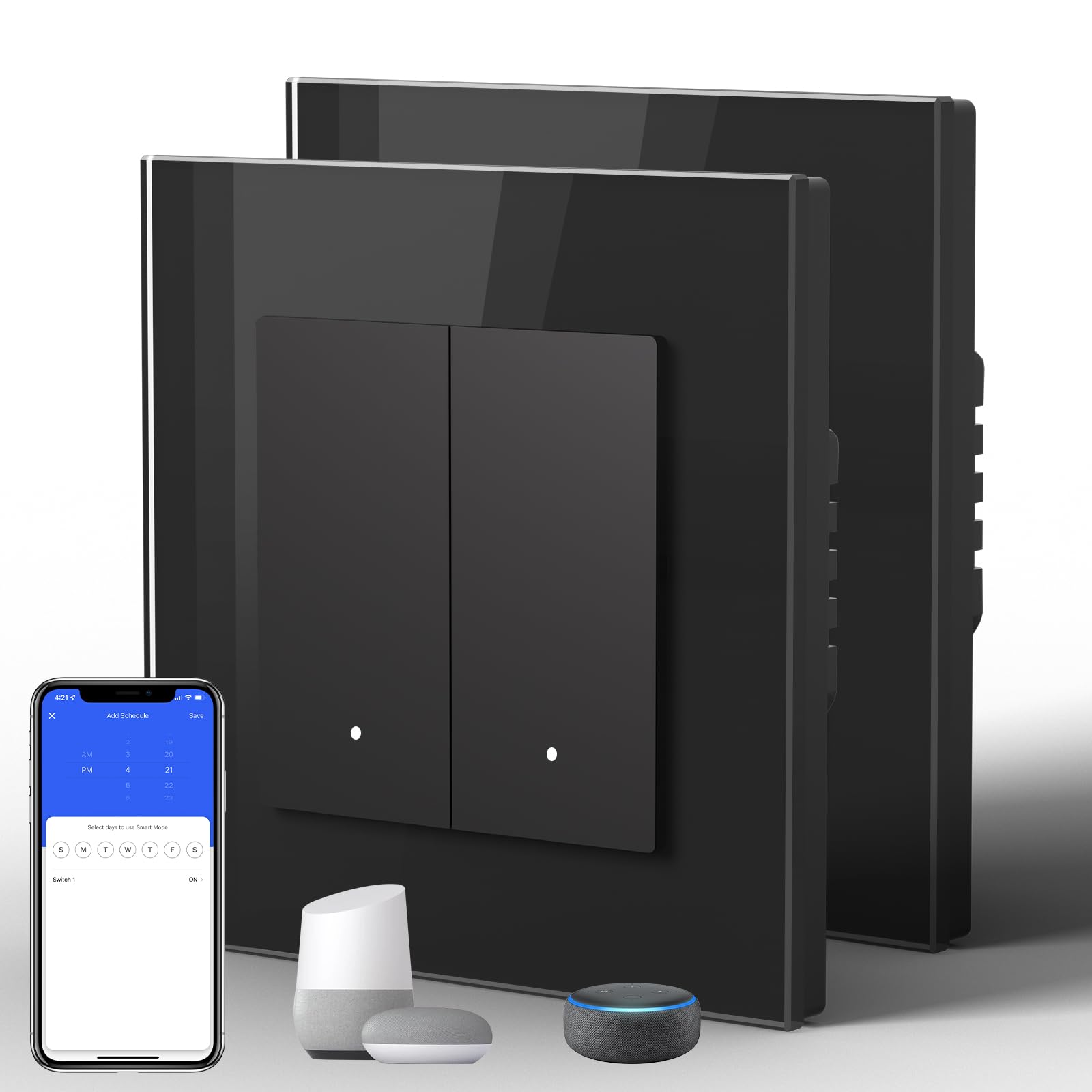 BSEED Lichtschalter Glas Smart WiFi Wechselschalter Compatibel mit Google Home und Alexa Neutrale Leitung Benötigt, 2 Fach 2 Wege, 86mm Schwarz, 2 Pack