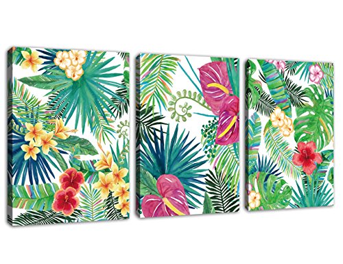 Canvas Wall Art Green Leaf Red Yellow Flowers Contemporary Pictures 3 Pieces x 12