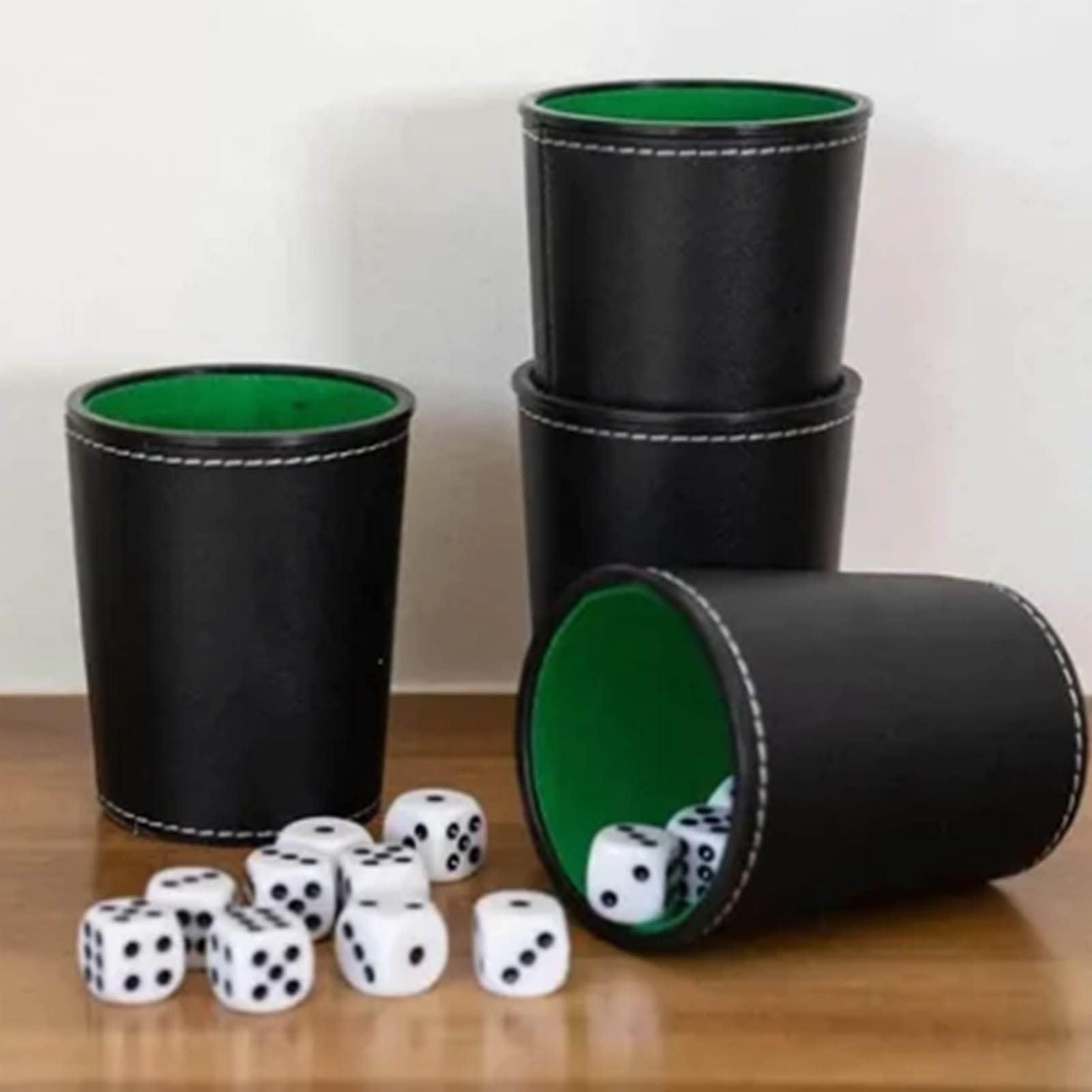 HERCHR 5Pcs Set di Tazze per Dadi in Pelle PU Fodera in Feltro Agitatore Silenzioso con 20 Dadi a Punti Scatola Nera Agitante per Yahtzee Farkle Bar Giochi di Dadi per Feste