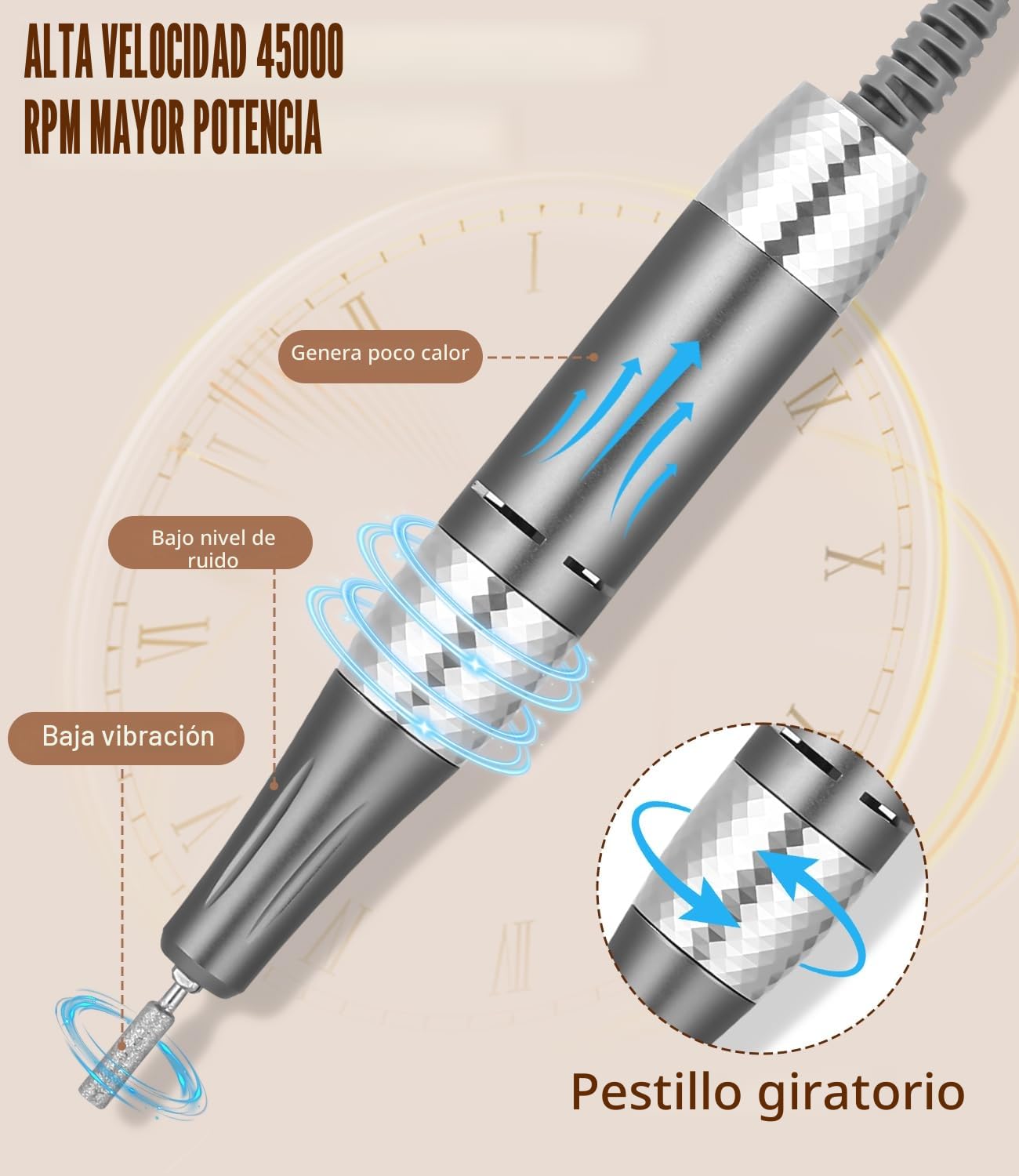 Torno Para Uñas Profesional 45000RPM, Lima Electrica Uñas, Velocidad Ajustable,Set de Accesorios para Manicura y Pedicura con Brocas de Cerámica, para Uso Doméstico y Salones de Uñas
