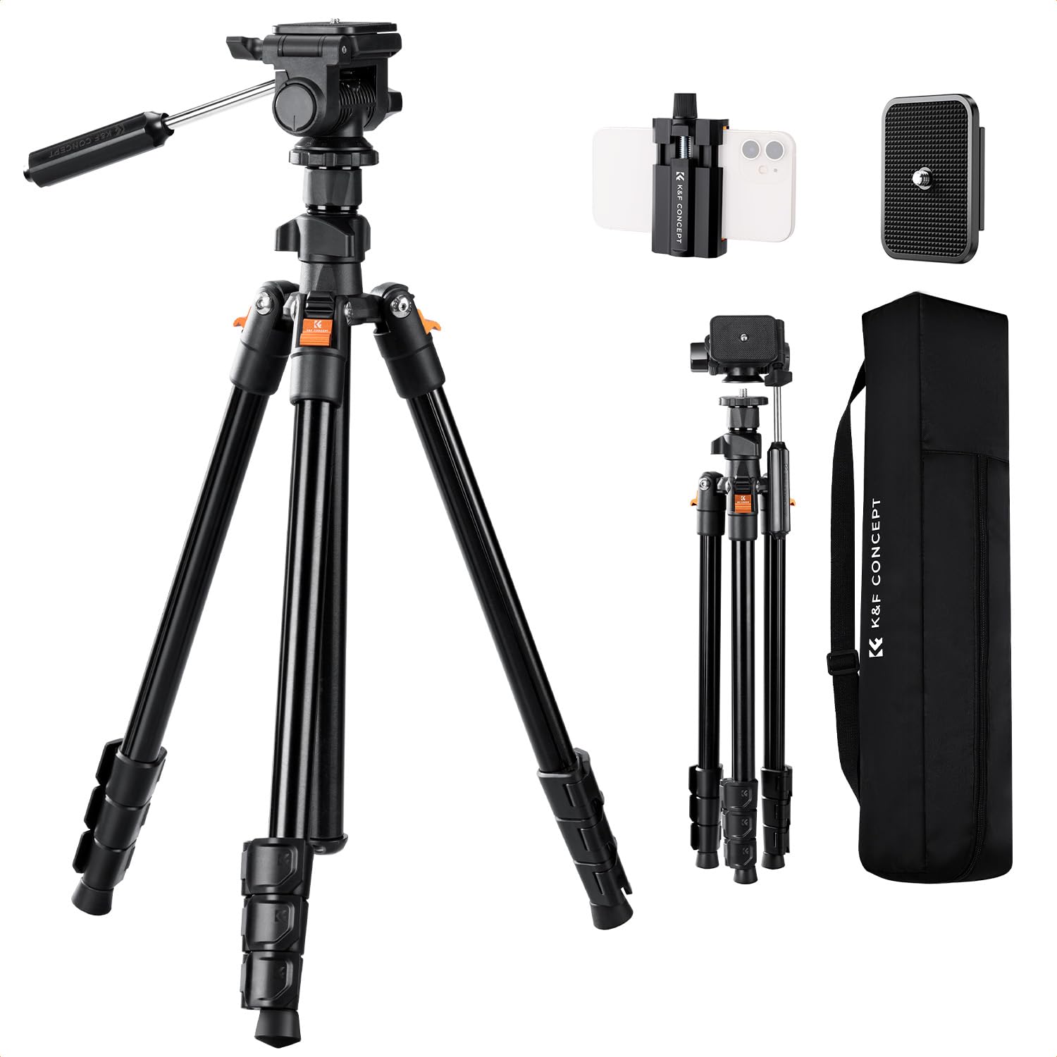 K&F CONCEPT 196cm Kamera Stativ,Videostativ, Neues Leichtes Reisestativ, Tripod mit 3-Wege-Kopf, Alu Kamerastativ für DSLR, Stativ für Smartphone mit Handyhalterung O234A5+BV01