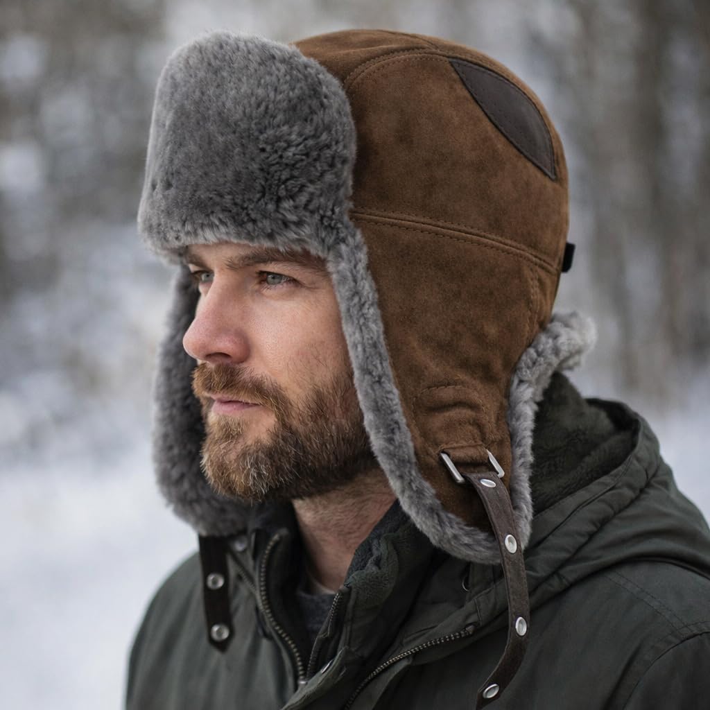 Premium Handmade Shearling Trapper Hat for Men & Women – Genuine Sheepskin Ushanka, Natural Fur Lined, Suede Leather Aviator