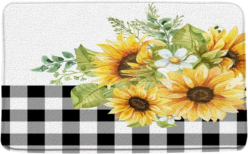 Sunflower Bath Mat Watercolor Yellow Flower Black and White Classic Buffalo Plaid Rustic Retro Farmhouse Floral Plants Pattern Memory Foam Bathroom Rug Indoor Carpet Doormat