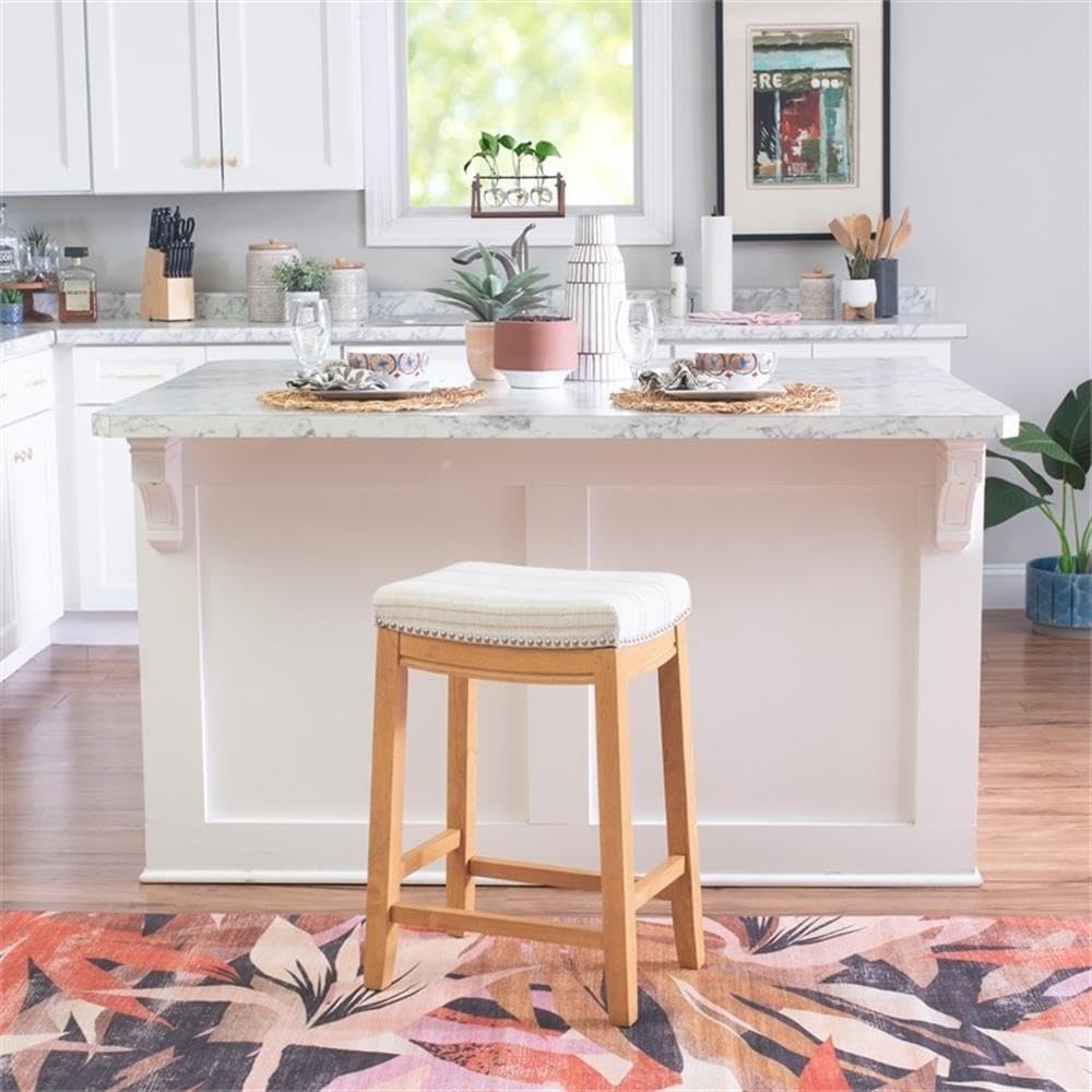26" Transitional Wood Counter Stool, Striped Beige Upholstery, Rustic Brown Finish, Brushed Silver Nail Head Trim, Counter Height for Kitchen or Bar Seating, 275 lbs Weight Capacity