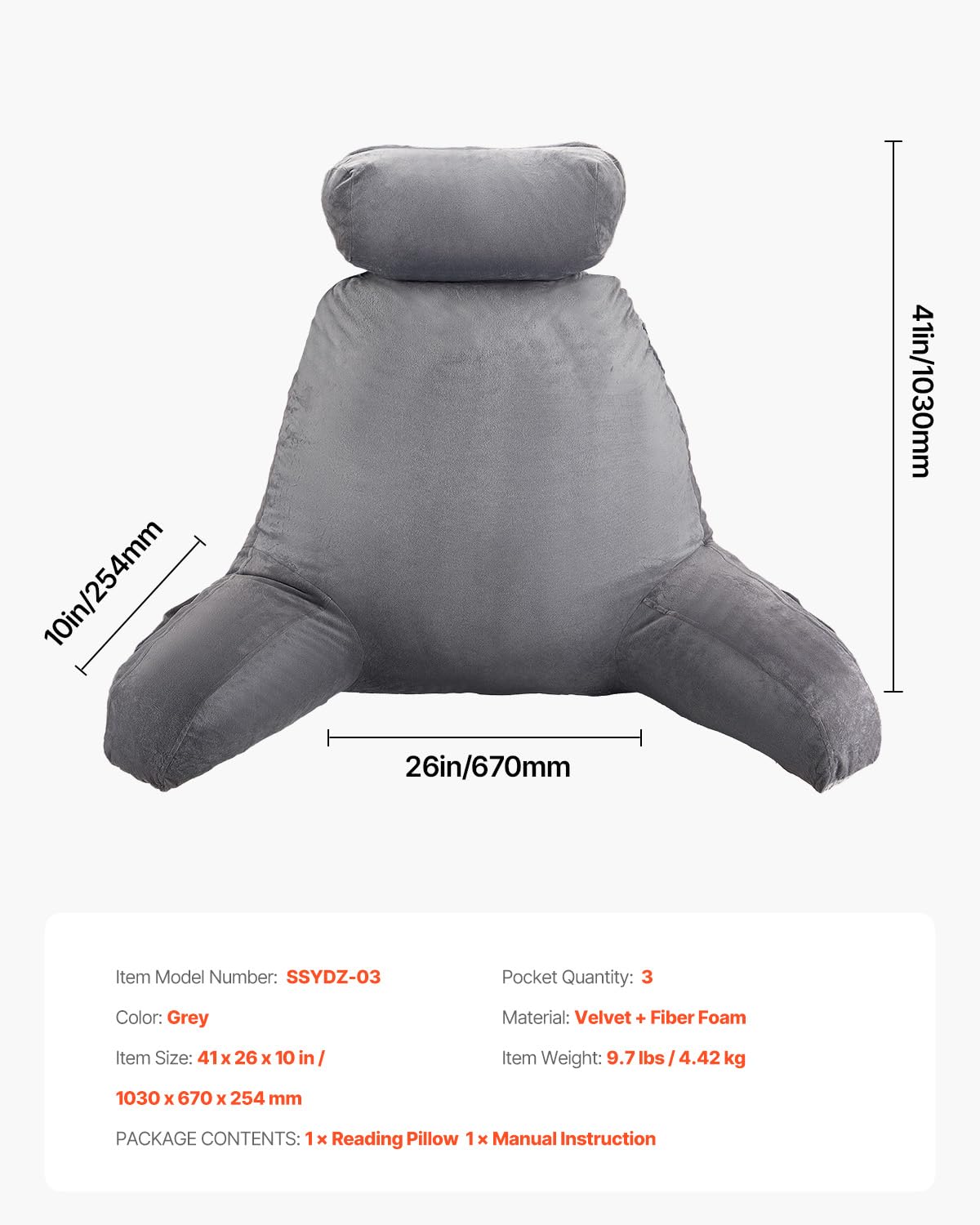 VEVOR Coussin de lecture avec appui-tête amovible, grand oreiller de lecture en mousse à mémoire de forme, avec 3 poches et tissu en velours court lavable, côtés avec poignée, pour lire et jouer, gris