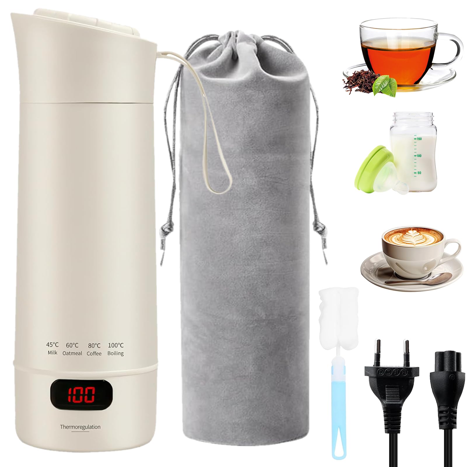 Hervidor eléctrico de viaje pequeño 400 ml, hervidor de agua pequeño de viaje, agua de cocción rápida con ajuste de temperatura, apagado automático, temperatura constante, para té, café, leche de bebé
