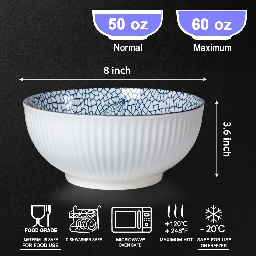 Houlu 60 oz Pho Bowls, Large Soup Bowl, Japanese Ramen Bowl Set, 8 inches Big Porcelain Bowls Set of 3, Striped Pattern image 2