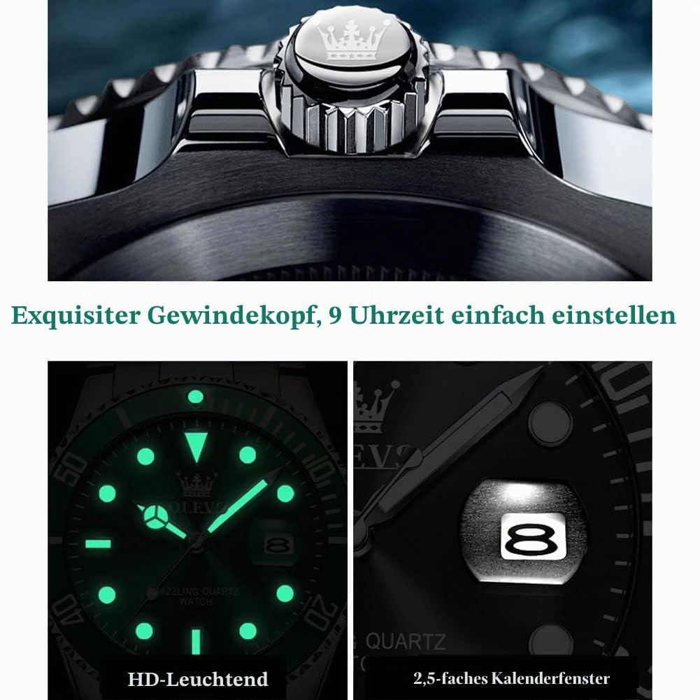 Herrenuhr aus Edelstahl, 41-mm-Zifferblatt, analoges Quarzwerk | Herren Armbanduhr mit Kalender, leuchtenden Zeigern, 3 ATM wasserdicht, eleganter Stil in Blau, Grün und Schwarz