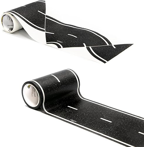 PlayTape Cinta de carretera y curvas para autos de juguete 1 rollo de 30 pies de largo x 4 pulgadas de ancho negro carretera  1 rollo de 12 curvas