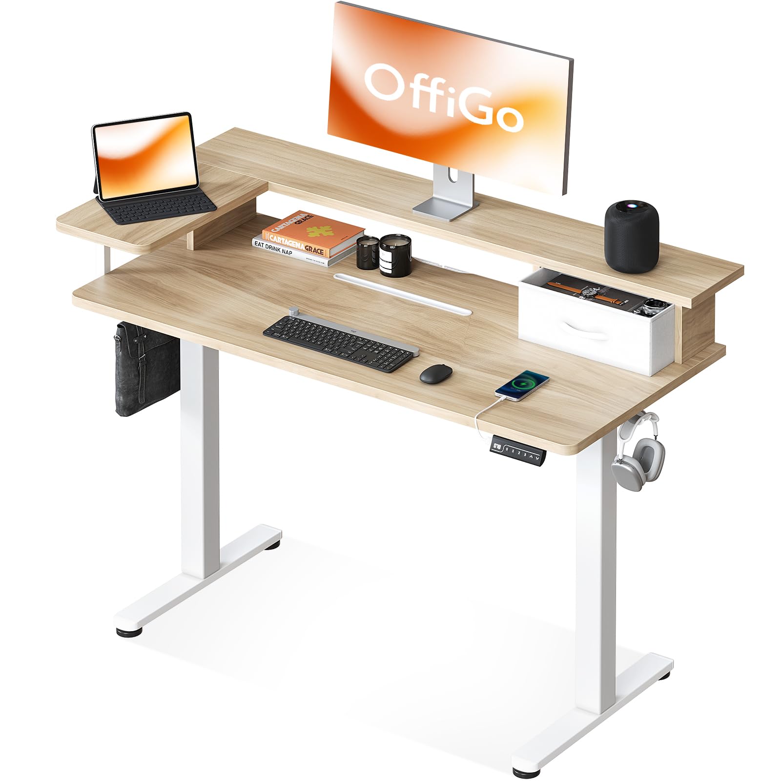 OffiGo Mesa Escritorio Elevable, 1 Pieza Tablero, 120x60 cm Escritorio Electrico con L Forma Soporte para Monitor, Standing Desk con Cajón, Ergonómica Mesa Regulable Altura con Puerto USB, Beige