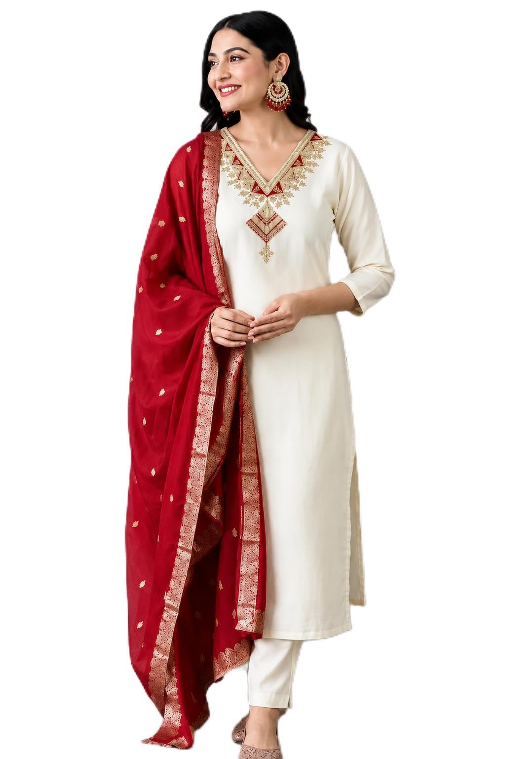 Women's Cream Straight Kurta Pant with Red Embroidered Chiffon Dupatta Set | V-Neck | 3/4 Sleeves | Ethnic Wear-image-41