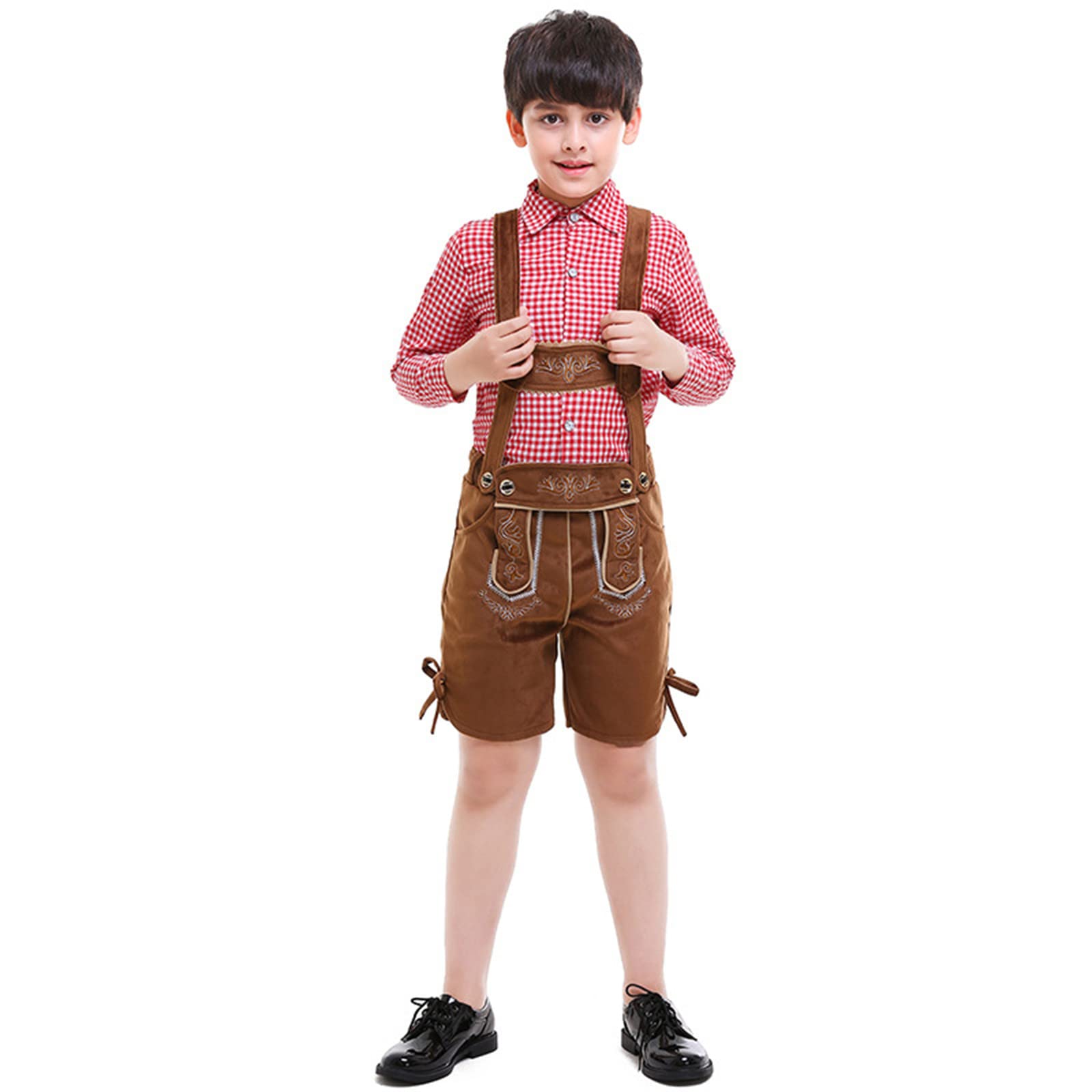 Kinder Trachten Lederhose Jungen Mädchen Kurze Trachtenhose Mit Kariert Trachtenhemd Und Trachtensocken Trachten Arbeitshosen Baumwolle Cosplay Outfit Für Oktoberfest Trachtenhose Lederhose Jungen