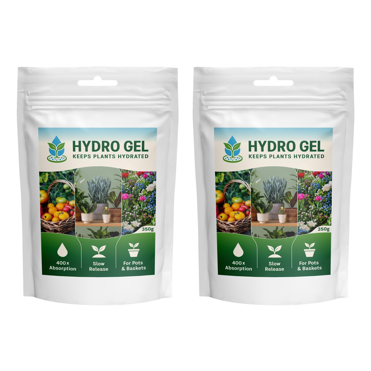 HYDRO GEL Water Retaining Crystals, 2 x 350g, Slow Release, 400x Absorption, for Pots, Baskets, Containers and Garden Beds