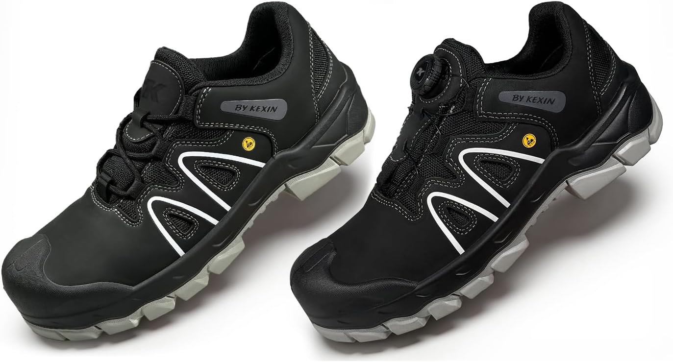 Composite Toe Shoes ESD Certified - Durable Quick Lace ESD Safety Shoes for Men, Top Grain Nubuck Leather Water Resistant, Breathable, Static Proof, Puncture-Resistant, Oil & Slip Resistant