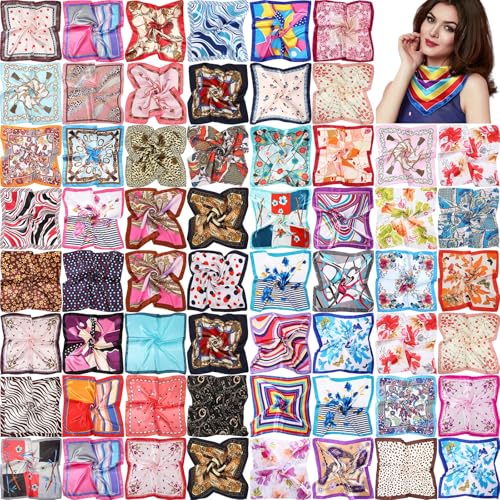 Handepo 100 Pieces Women Head Scarves Bulk 19.69 Inch Satin Square Silk Feeling Hair Scarf Bundle Mixed Color Neck Head Scarf Set for Women, Random Color