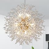 Isamacc Firework Chandelier Gold, 12-Light Modern Crystal Chandelier Dandelion, 21.6' Stainless Steel Sputnik Pendant Hanging Light for Dining Room Bedroom