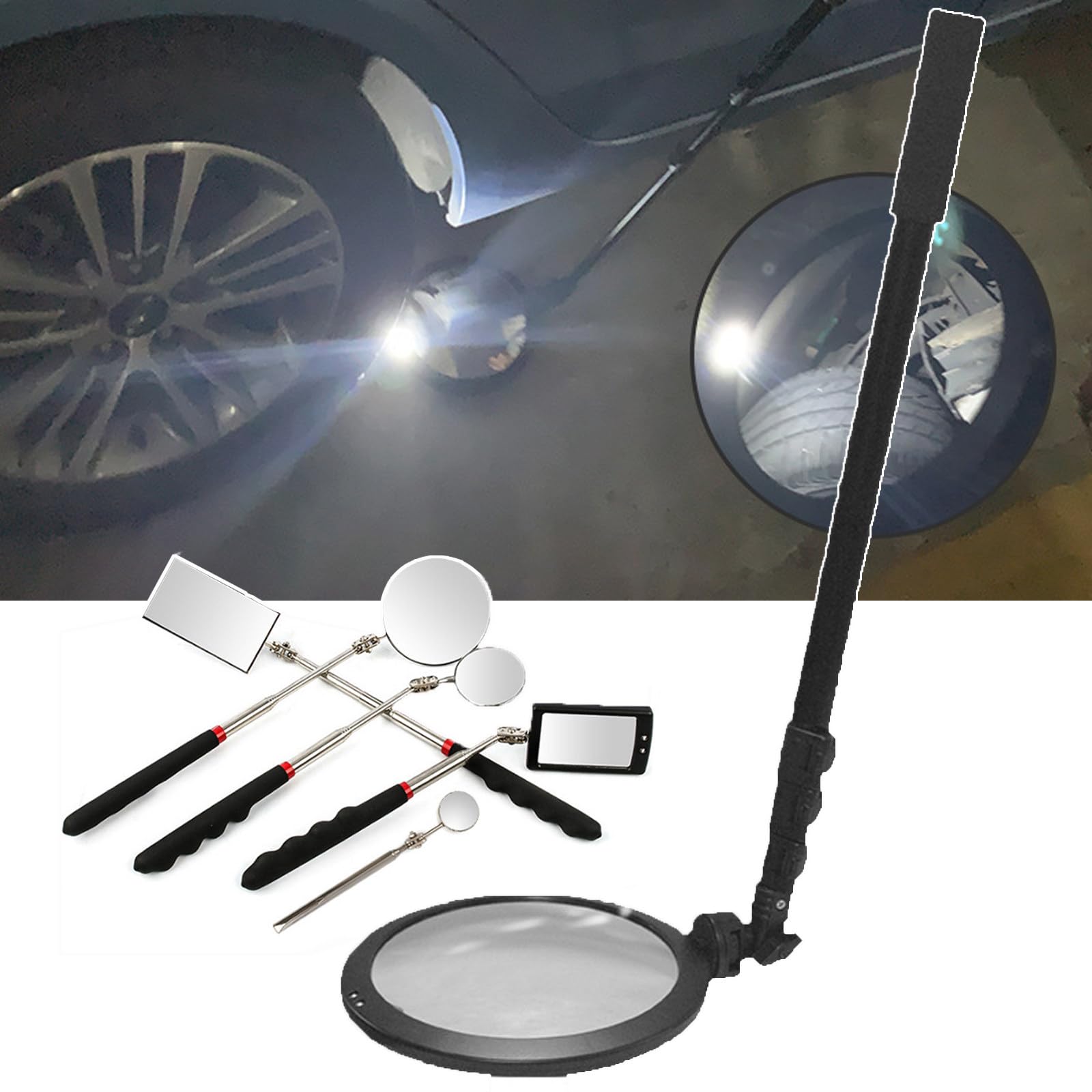 YNIYUJKL 5Pcs Inspection Mirror Set &1Pcs Round Inspection Mirror With Telescoping Handle/360° Rotatable/Led Light, Under Vehicle Inspection Mirror-16Cm Diameter Roof Inspect