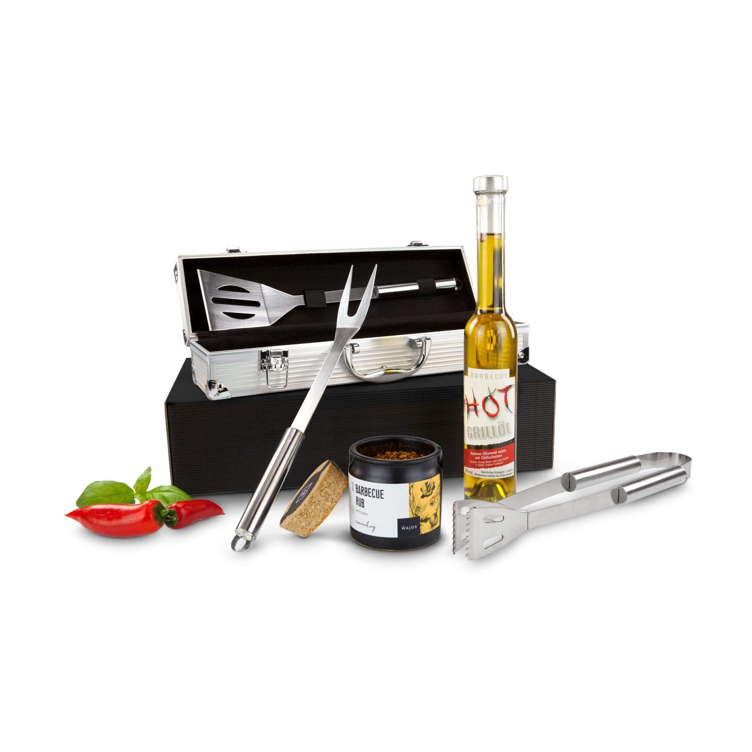 Geschenkset Das Grillset: 7-teilig; 3-teiliges ROMINOX Edelstahl Grillbesteck in hochwertigem Koffer + Chili-Grillöl (0,2 L) + 75 g Wajos BBQ Rub Grillgewürz + Geschenkbox