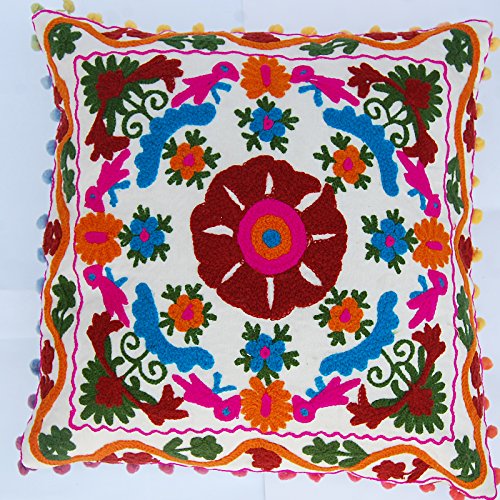 Handicraftodpinkcity Housse de coussin indienne brodée faite à la main Style Ouzbékistan Broderie en laine Cadeau pour lui ou elle Haute Tendance Décoration de Noël Cover