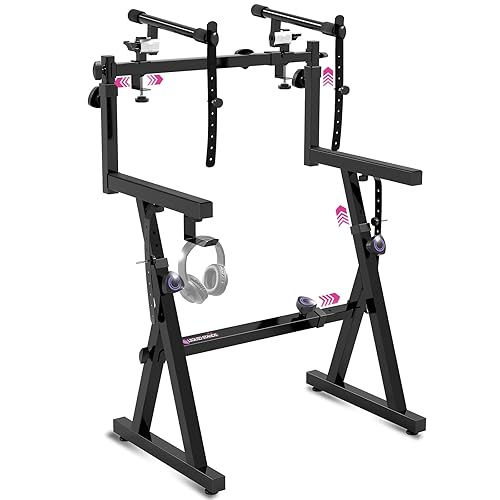Liquid Stands Dual Piano Keyboard Stand with 2nd Tier - Z Style Adjustable and Portable 2 Tier Heavy Duty Music Stand for Synths and Electric Digital Keyboards - Fits 54 61 88 Key Pianos