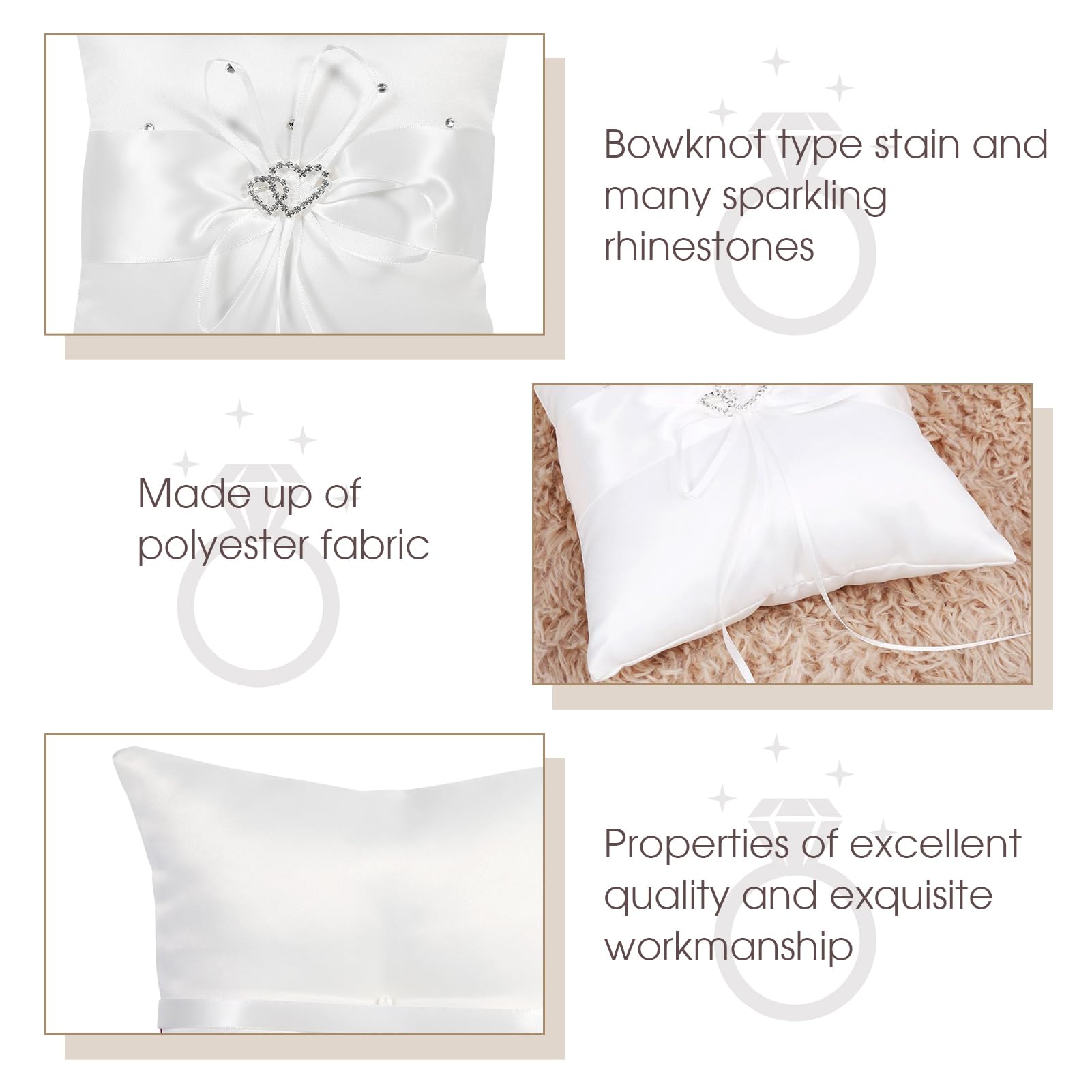 Cuscino Fedi Nuziali 20x20cm - Con Fiocco E Strass Per Cerimonia Matrimonio - Foto 4