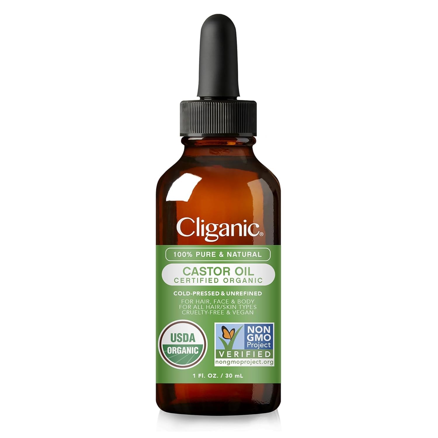 Cliganic Organic Castor Oil, 100% Pure (1oz Glass Bottle with Eyelash Kit) - For Eyelashes, Eyebrows, Hair & Skin (Packaging May Vary)