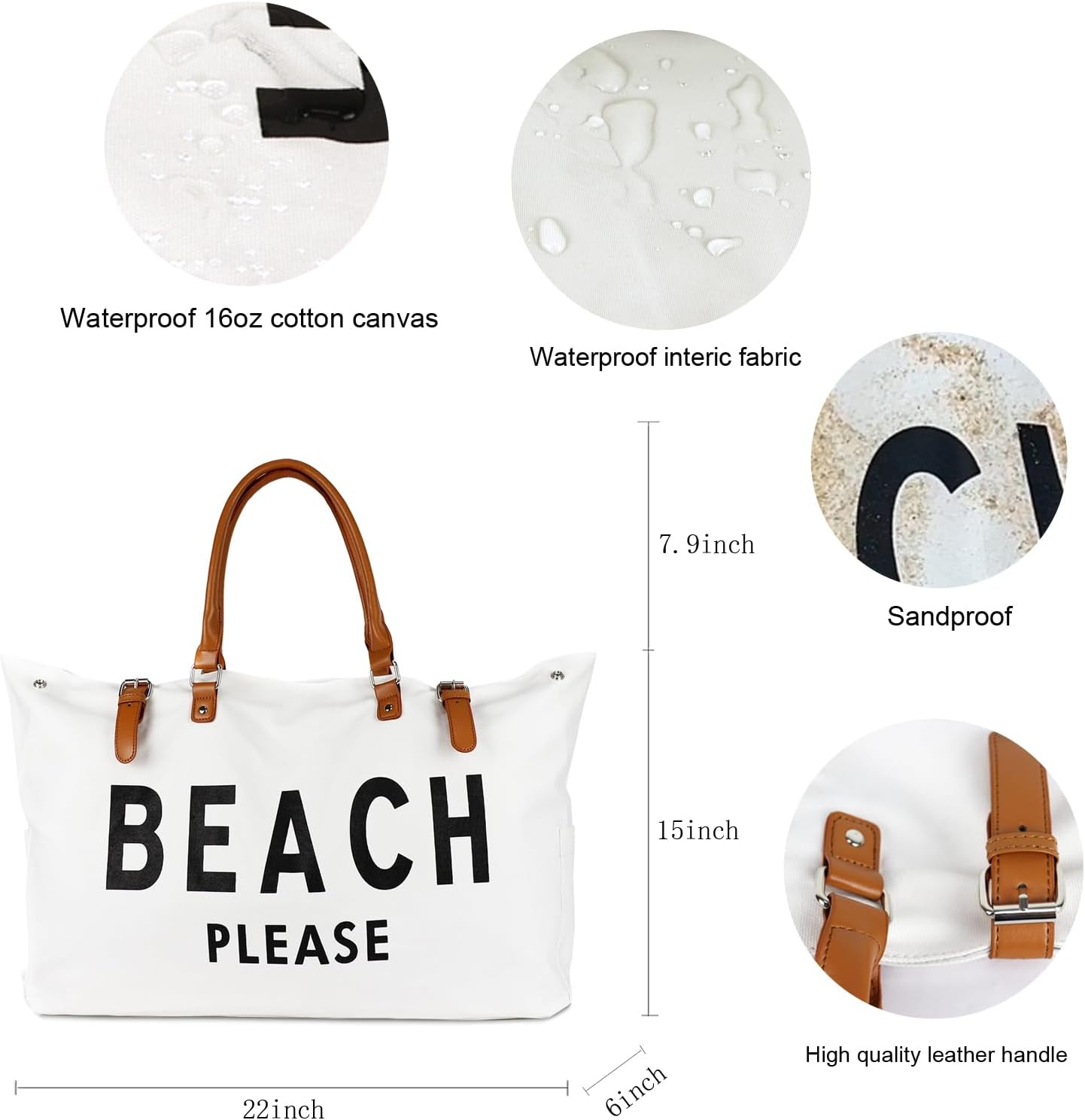 Beach Bag with Vegan Leather Handle, Extra Large Beach Bag for Women Waterproof Sandproof, White | Extra Large, Waterproof, Sandproof, Vegan Leather Handle, Extra Large - Image 5