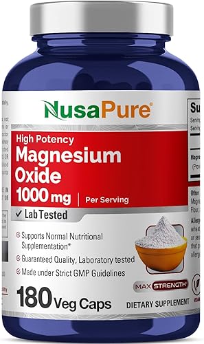 NusaPure Óxido de magnesio 1,000 mg por porción 180 cápsulas vegetales (sin OMG, vegano)