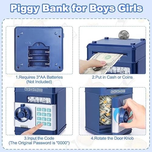 Miniatura 4 de Highttoy Hucha Electrónica Para Niños 3-12 Años, Hucha Cajero Automatico Caja Fuerte Huchas Dinero Caja De Dinero Contraseña Divertido Juguetes Regalos Para Niños Azul Oscuro