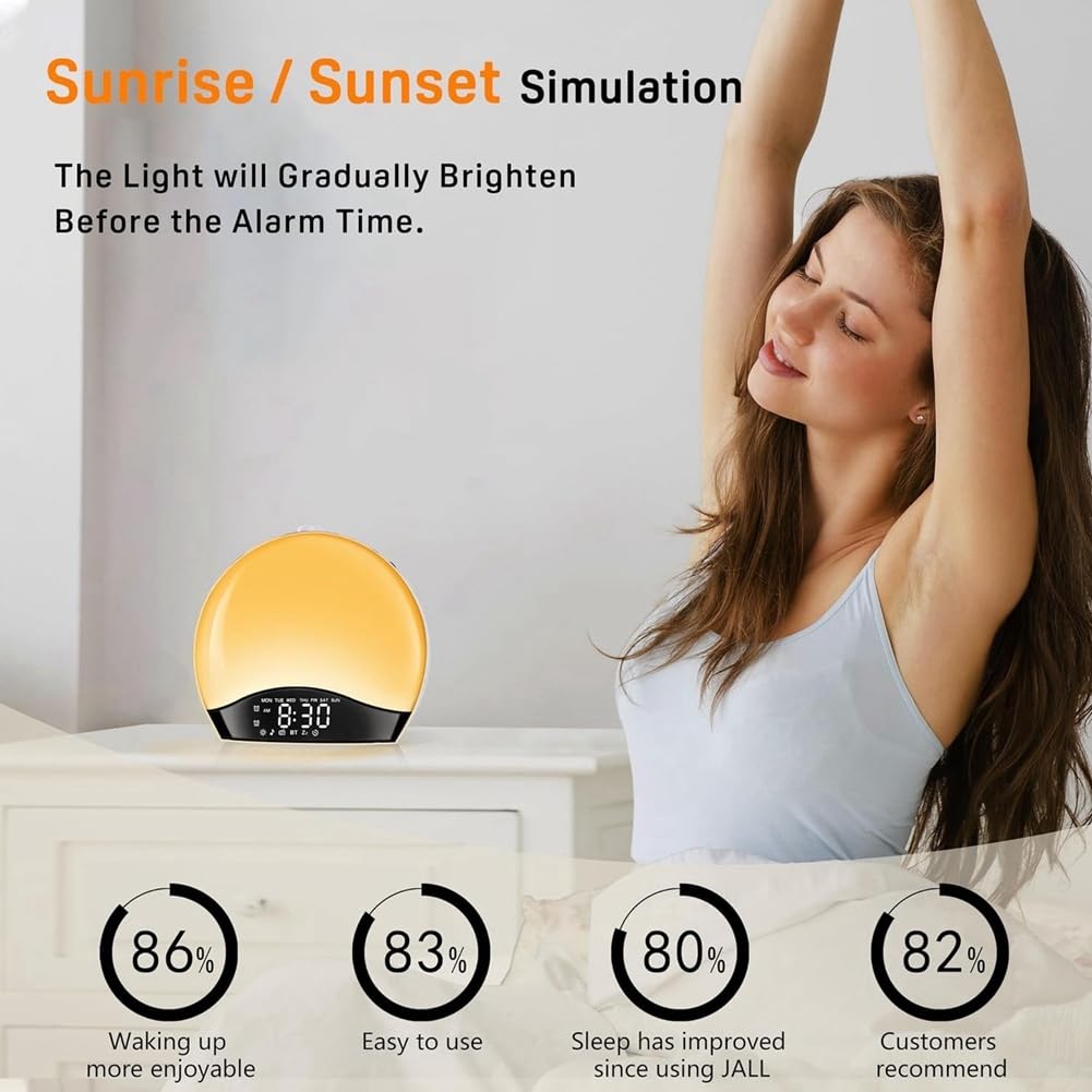 Despertador con Luz de Amanecer, Reloj de Mesa Regulable con 3 Anillos, 8 Luces Nocturnas, 26 Sonidos, Temporizador de Sueño, Luz, Enchufe EU.