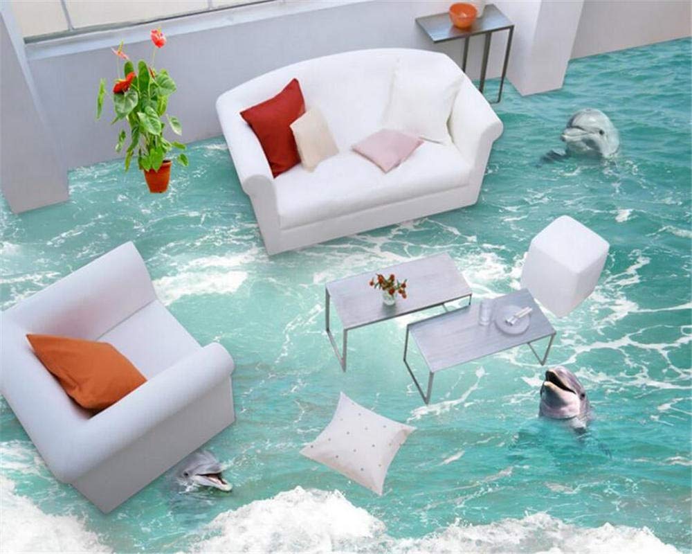 Papel pintado de suelo 3D personalizado para baño, cocina, papel pintado autoadhesivo impermeable delfín en las olas-200cmX140cm