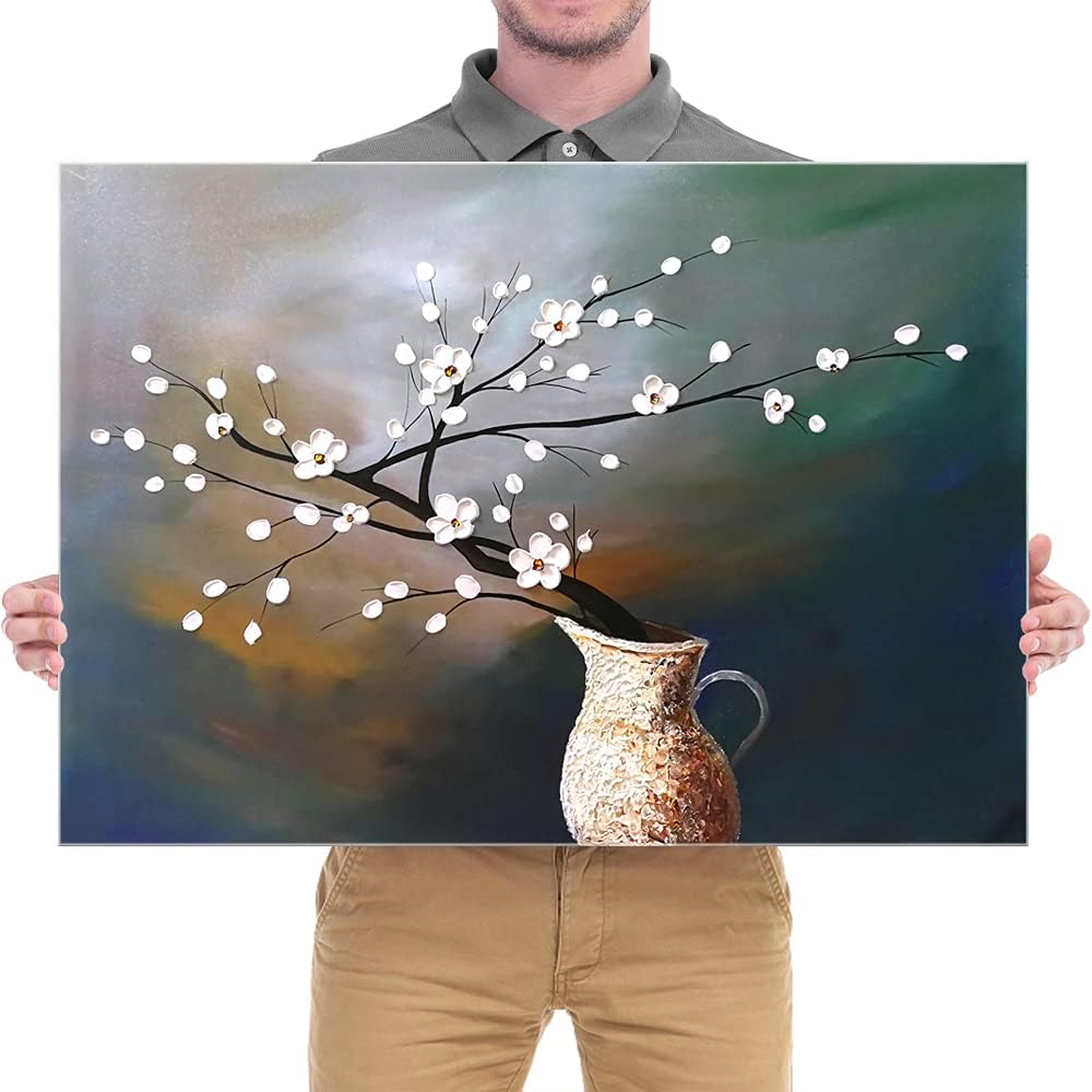 Wieco Art Plum Blossom Floral Oil Paintings Canvas Wall Art Modern Contemporary Abstract White Flowers Artwork Ornament Ready to Hang for Living Room Bedroom Kitchen Home Decorations Wall Decor