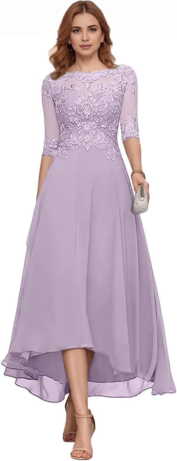 Women's Lace Chiffon Formal Dress Half Sleeve Round Neck High Low Hem Mother of The Bride Dress Wedding Guest Gown