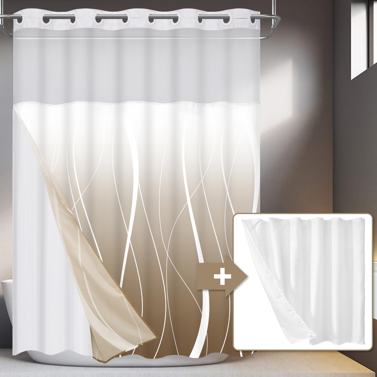 Likiyol Brown Ombre No Hook Shower Curtain with 2Pcs Snap in Liner, Modern Striped Hotel Shower Curtain and Liner Set, See Through Shower Curtain with Window, Double Layer, Waterproof, Washable