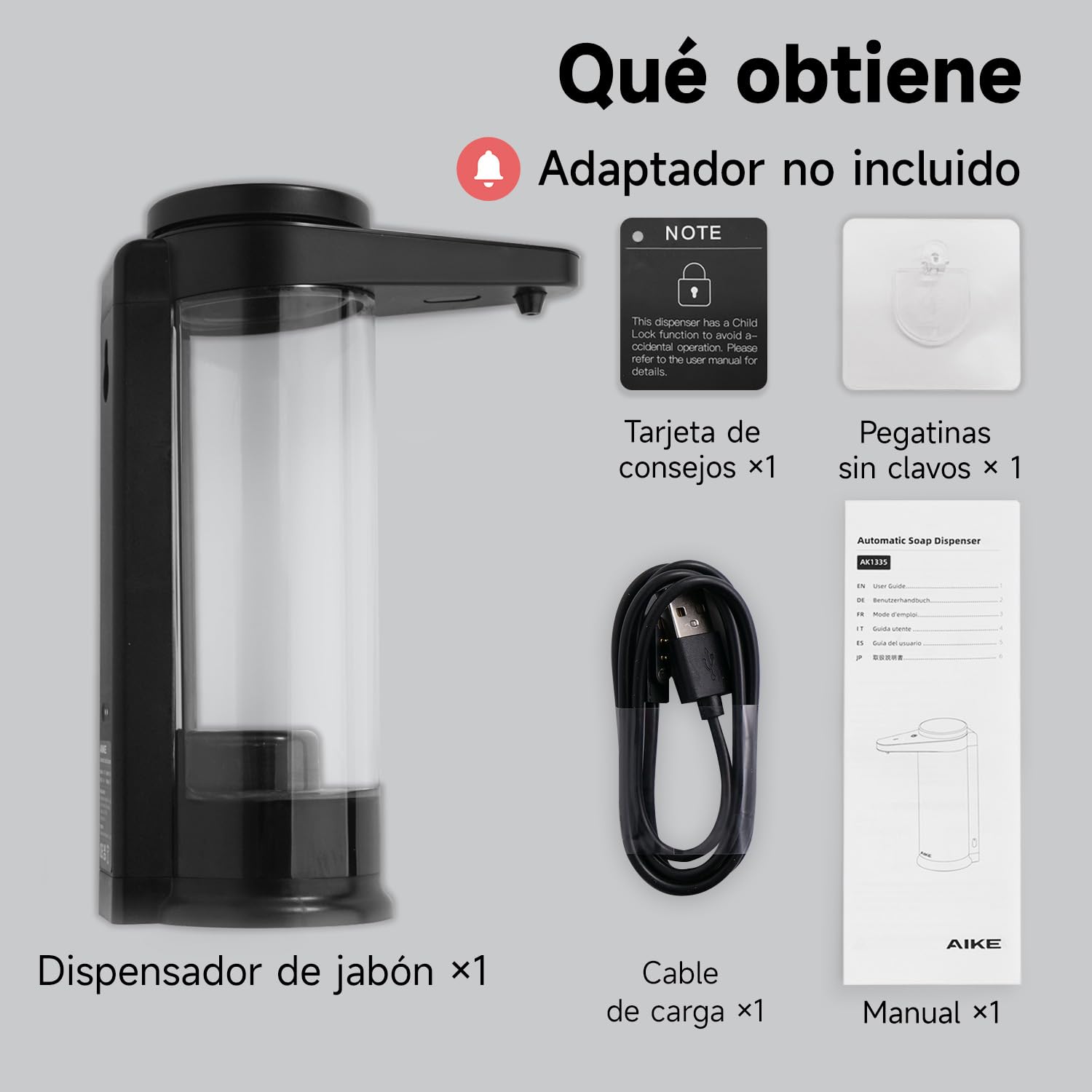 AIKE Dispensador de Jabón Automático 500 ml, Montaje en Pared o Sobremesa, con Salida de Líquido Ajustable, Dispensador de Jabón Recargable por USB Negro
